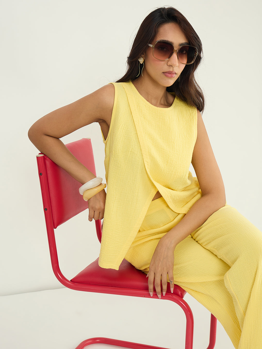 Yellow Cotton Gauze Wrap Detail Co-Ord Set