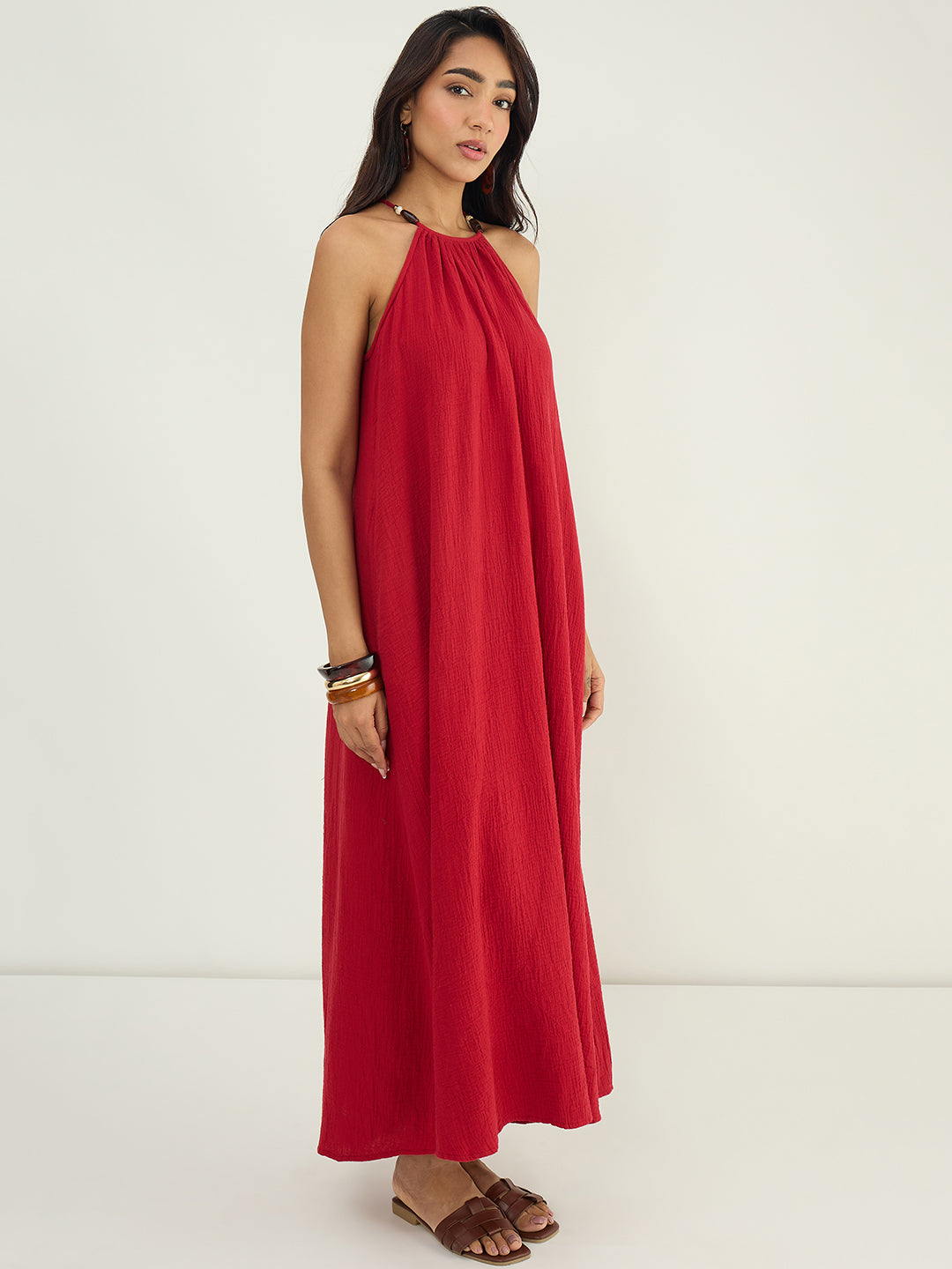 CloudComfort Gauze Red Halter Maxi Dress