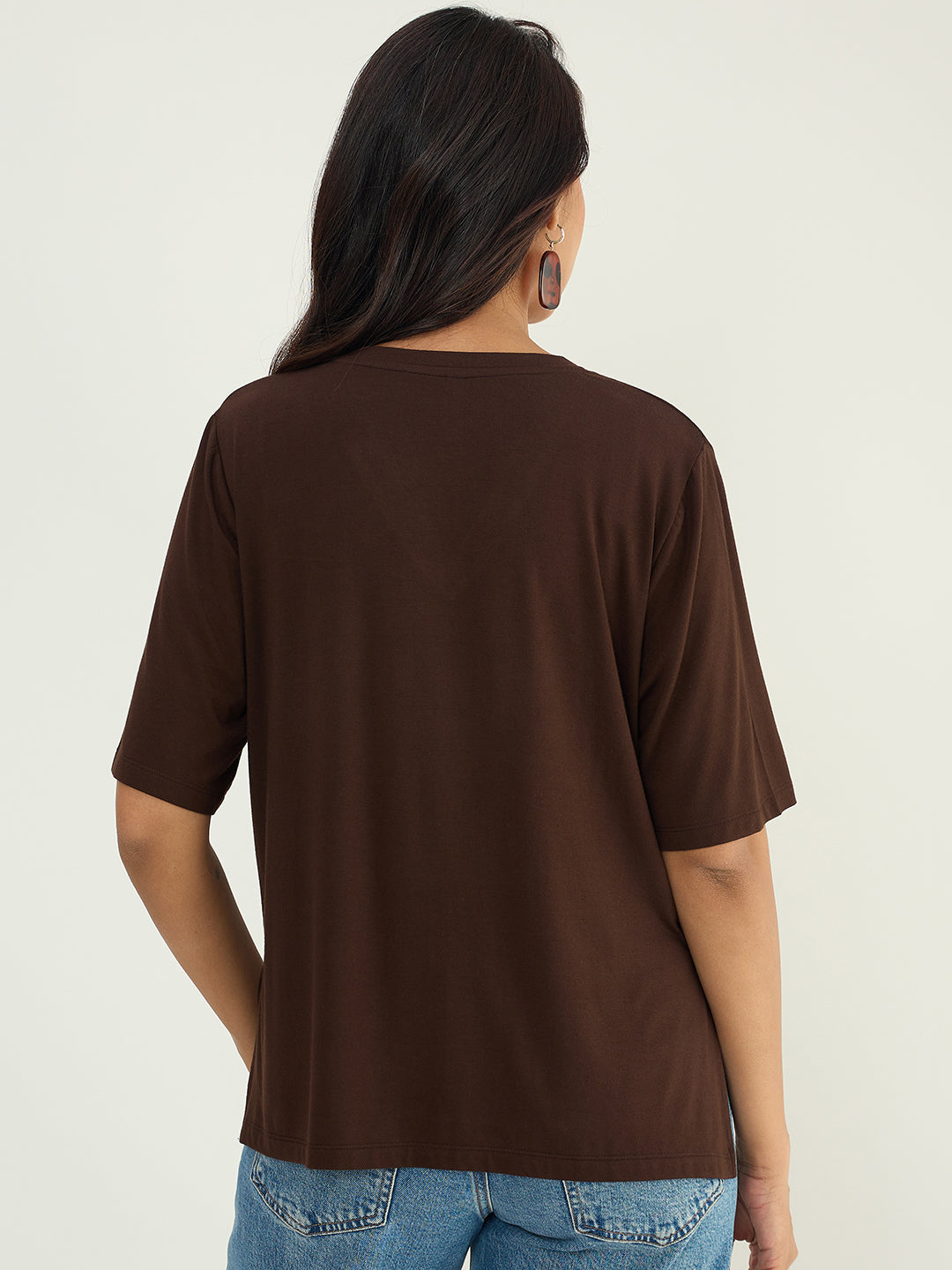 Coffee Brown Relaxed Fit V-Neck T- Shirt