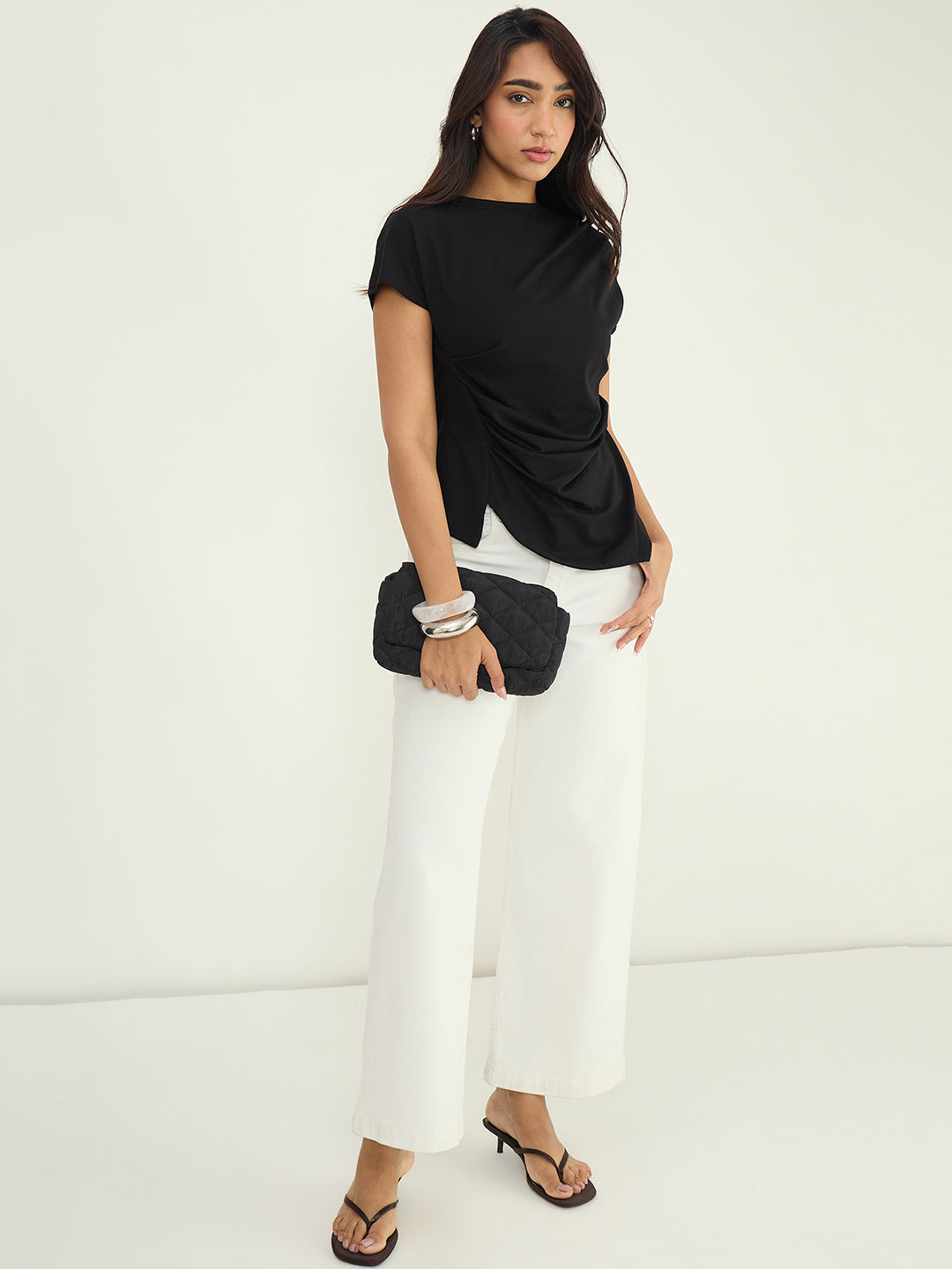 Black Cotton Waist Ruched T Shirt