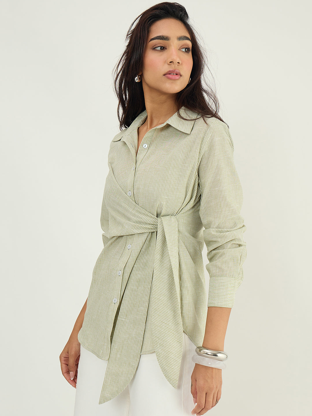 Olive Stripe Cotton Linen Tie-Up Detail Shirt