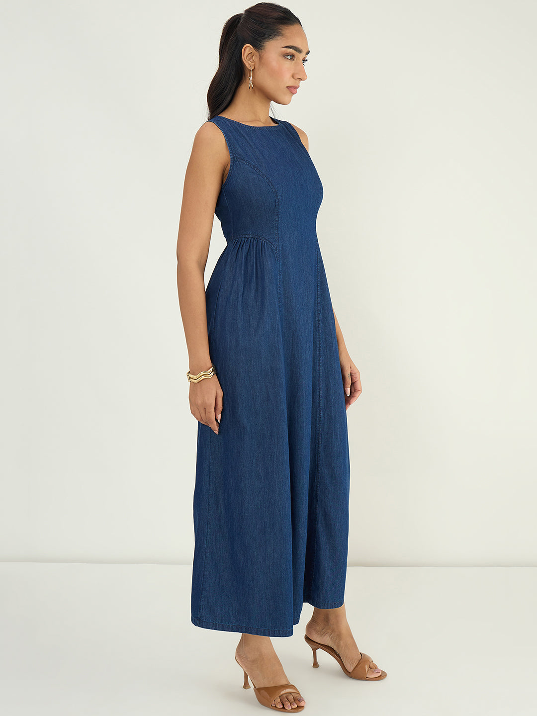 Navy Side Gather Detail Denim Maxi Dress