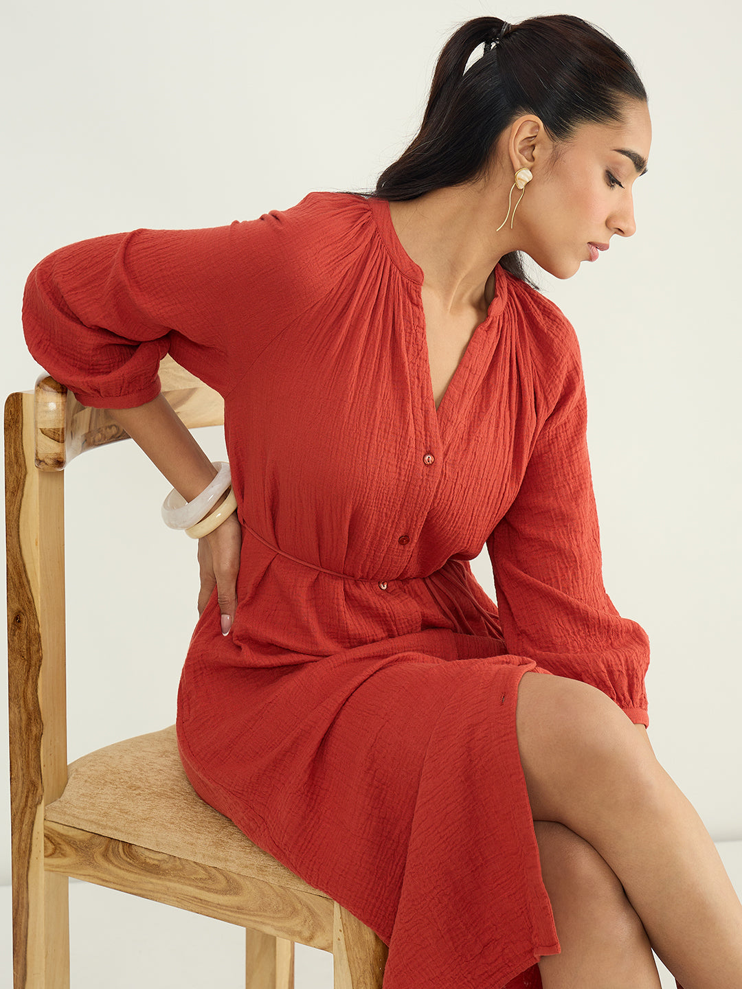 CloudComfort Gauze Rust Midi Dress