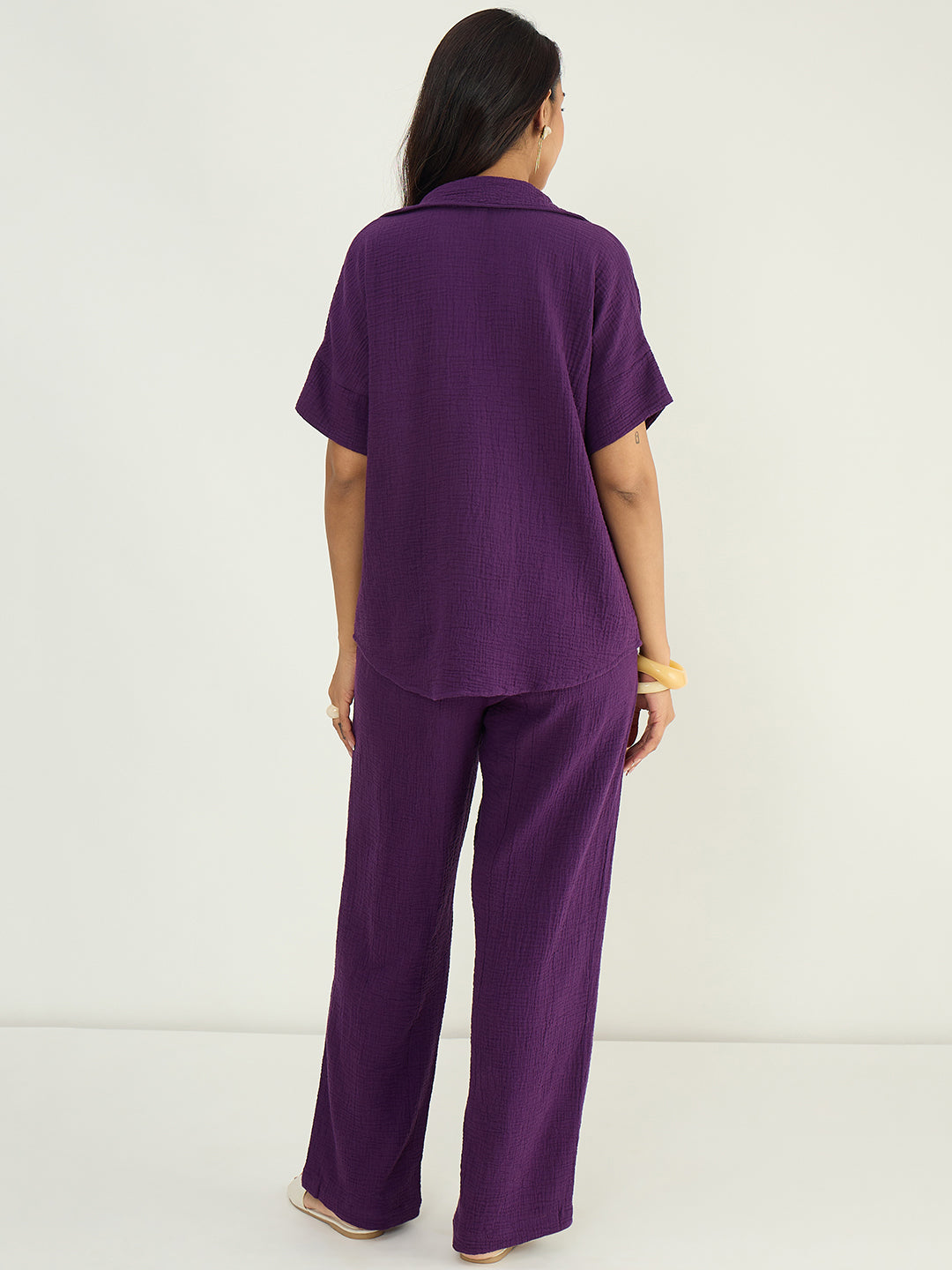 Deep Purple Cotton Gauze Collared Co-Ord Set