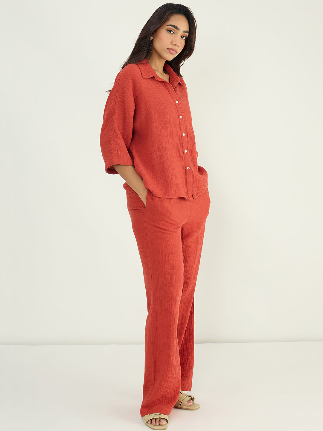 Rust Cotton Gauze Button Down Co-Ord Set