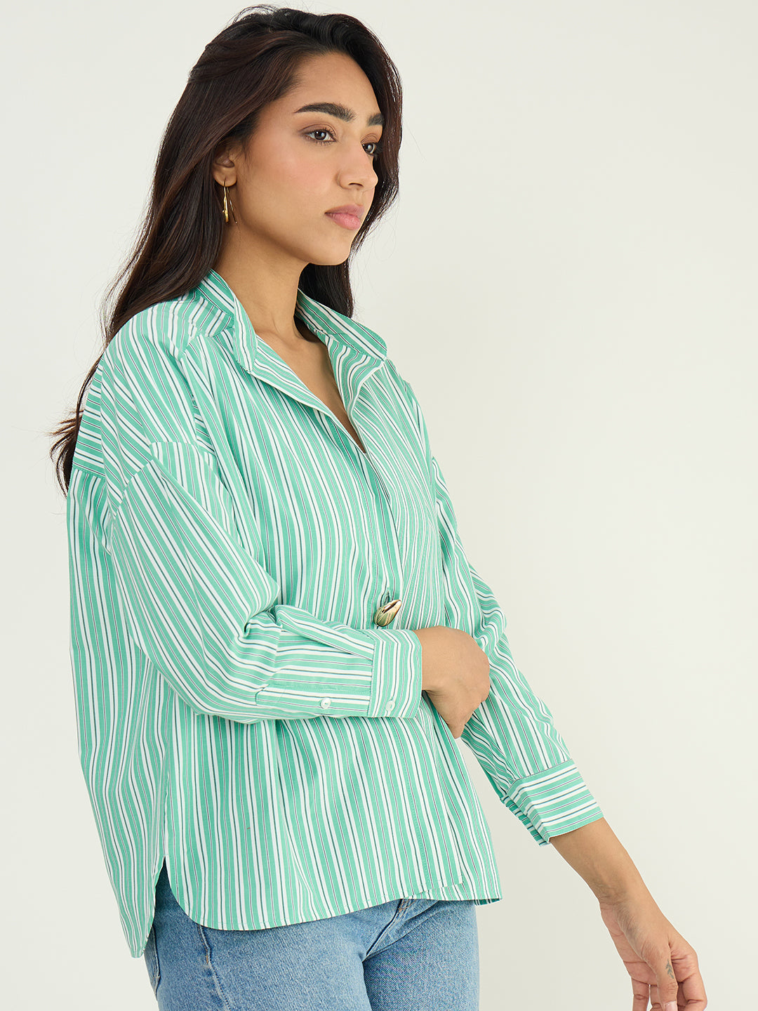 Green Multi Stripe Single Button Shirt