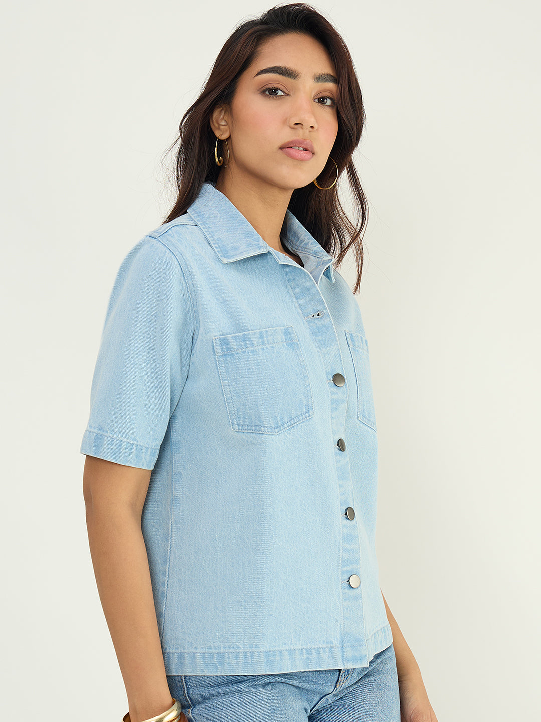 Ice Blue Denim Half Sleeves Shirt
