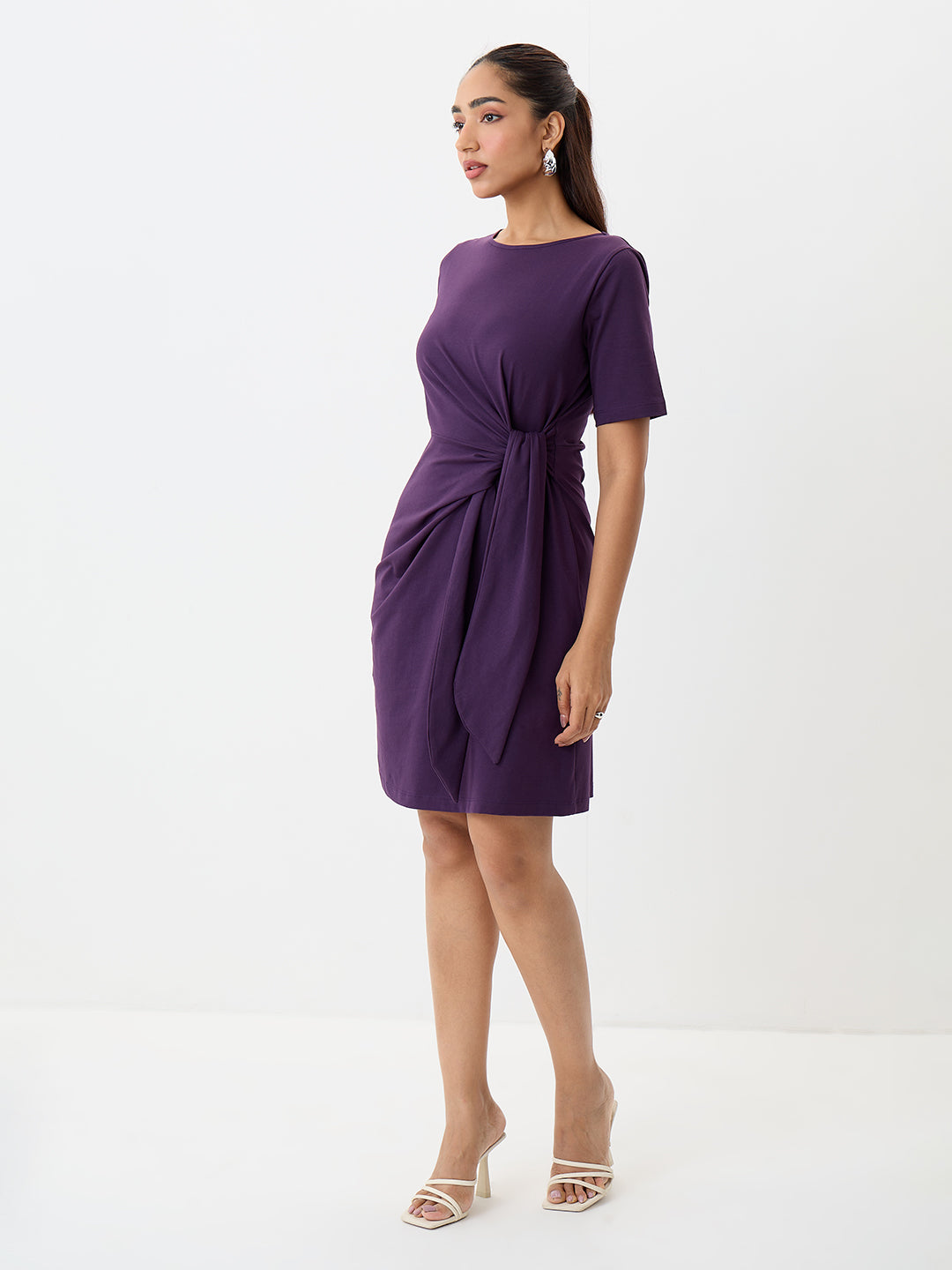 TrueStretch Deep Purple Side Tie-Up Mini Dress
