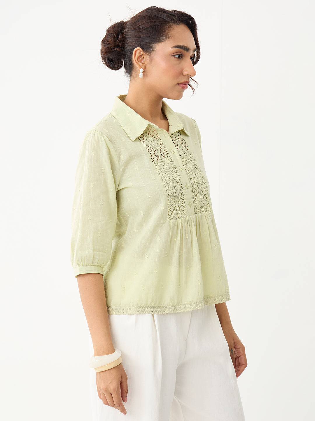 Sage Lace Insert Cotton Dobby Top