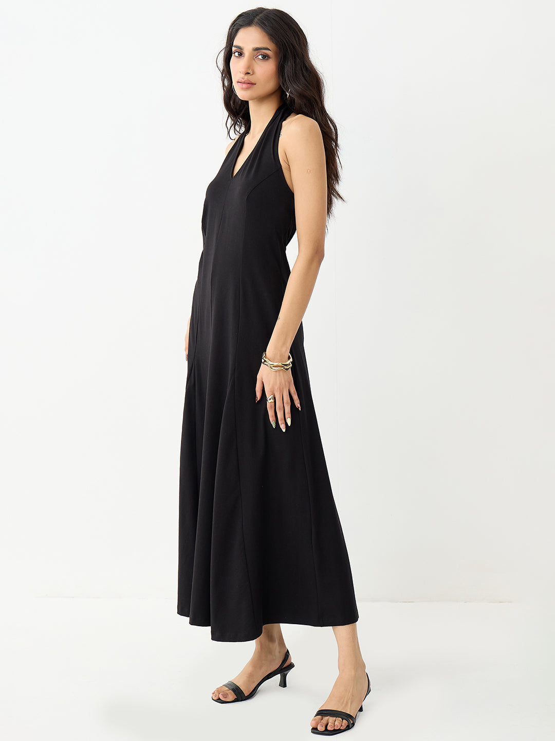 Black Knit Tie-Up Neck Maxi Dress