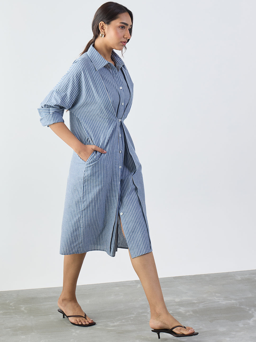 Slate Blue Stripe Cotton Midi Dress