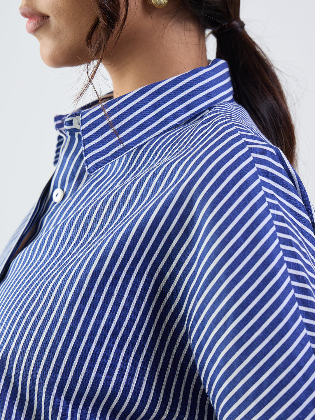 Navy Stripe Cotton Linen Kimono Sleeve Shirt