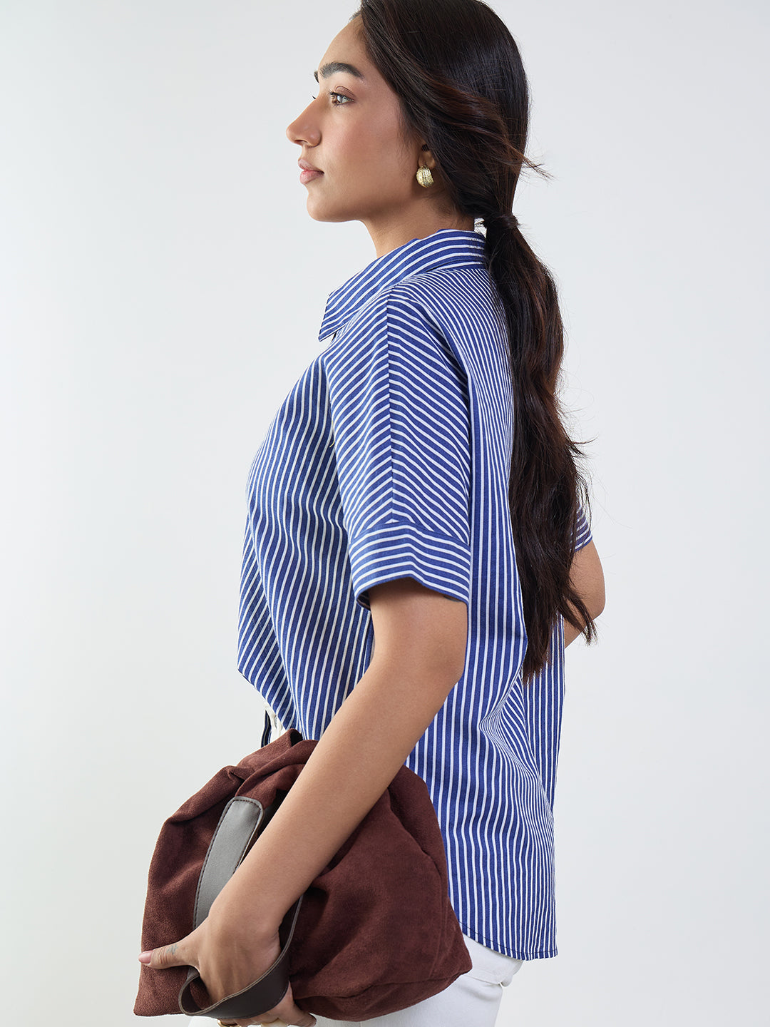 Navy Stripe Cotton Linen Kimono Sleeve Shirt