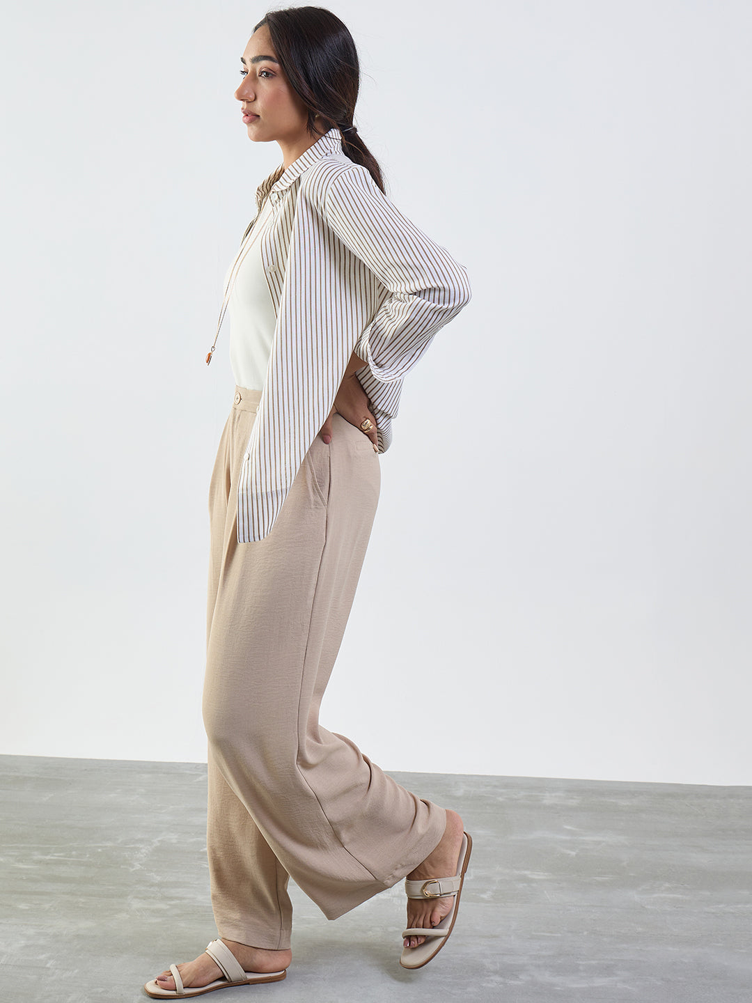 Beige Darted Wide Leg Trousers