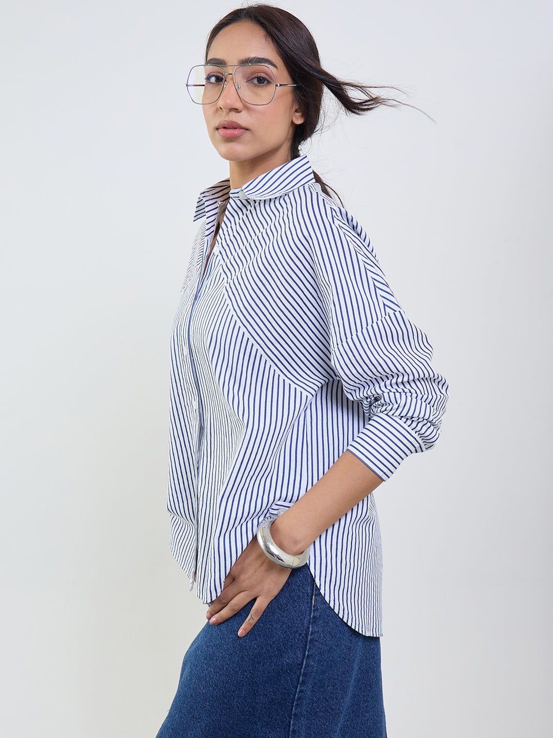 Navy Stripe Cotton Linen Oversized Shirt