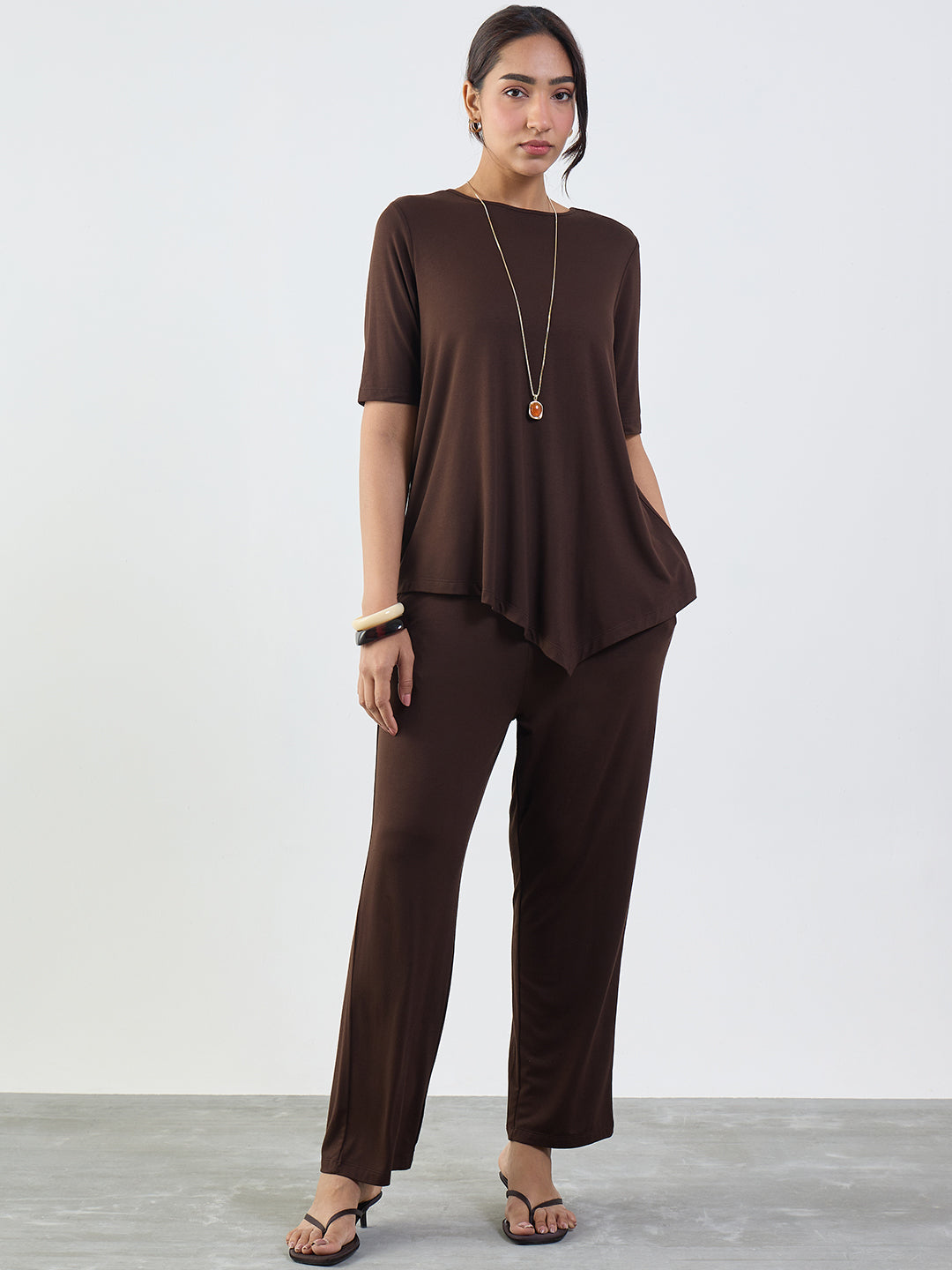 Bamboo Brown Knit Asymmetrical Co-Ord