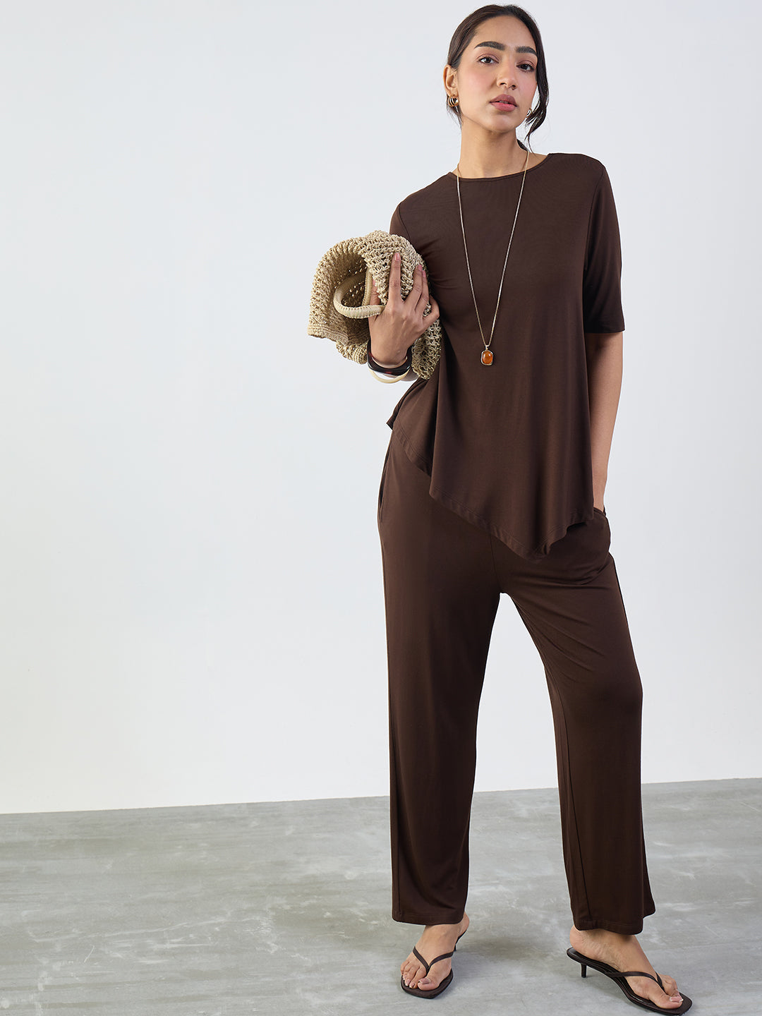 Bamboo Brown Knit Asymmetrical Co-Ord