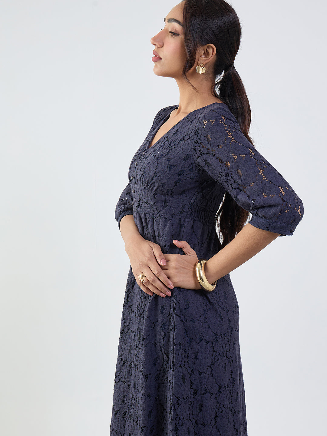 Navy Lace Corset Detail Maxi Dress