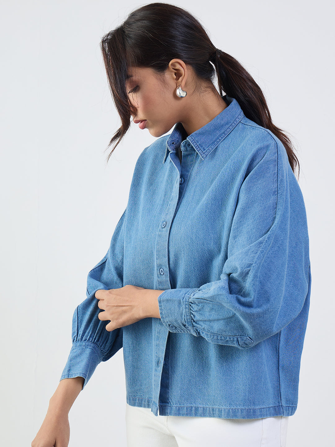 Mid Blue Denim Kimono Sleeves Shirt