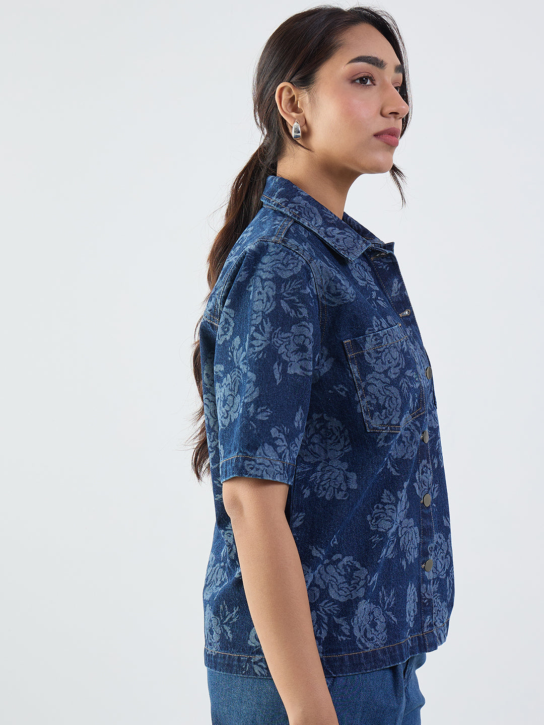 Navy Blue Floral Print Denim Shirt