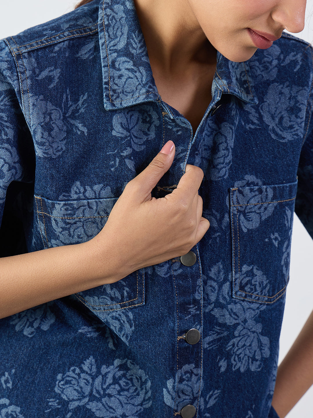 Navy Blue Floral Print Denim Shirt