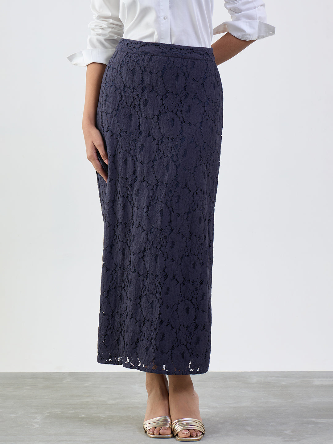 Navy Lace Slit Detail Maxi Skirt