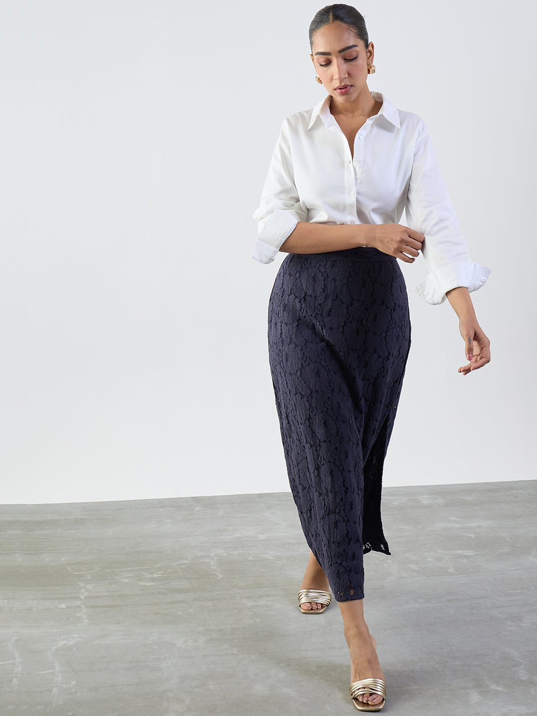 Navy Lace Slit Detail Maxi Skirt