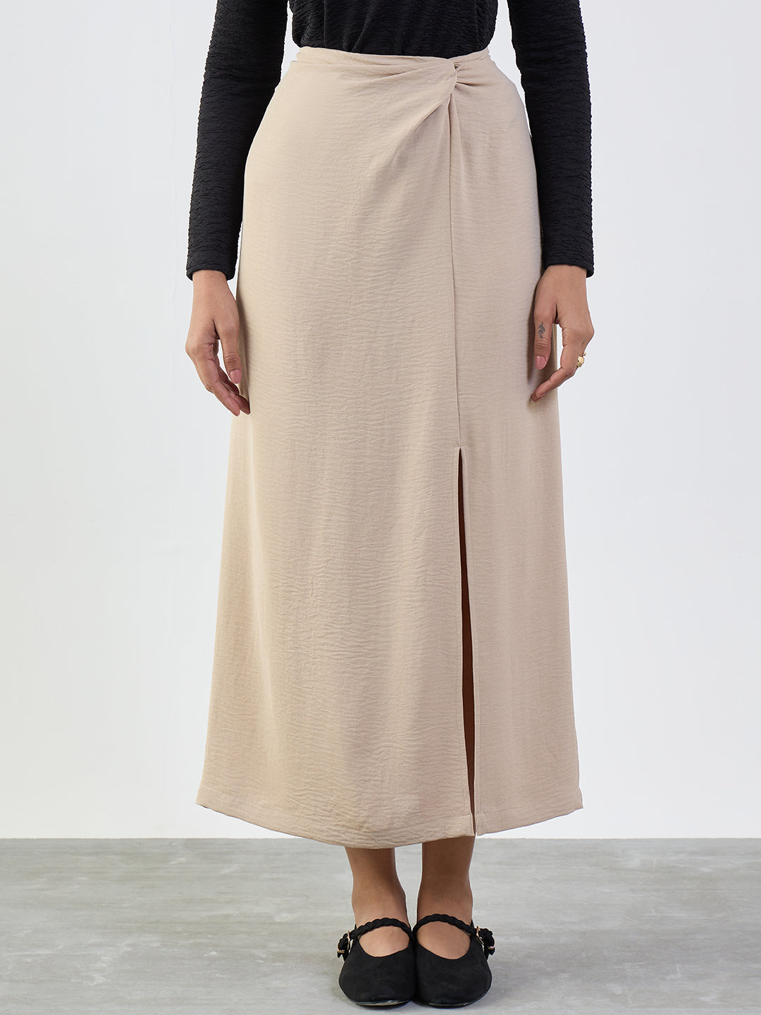 Beige Front Twist Detail Maxi Skirt
