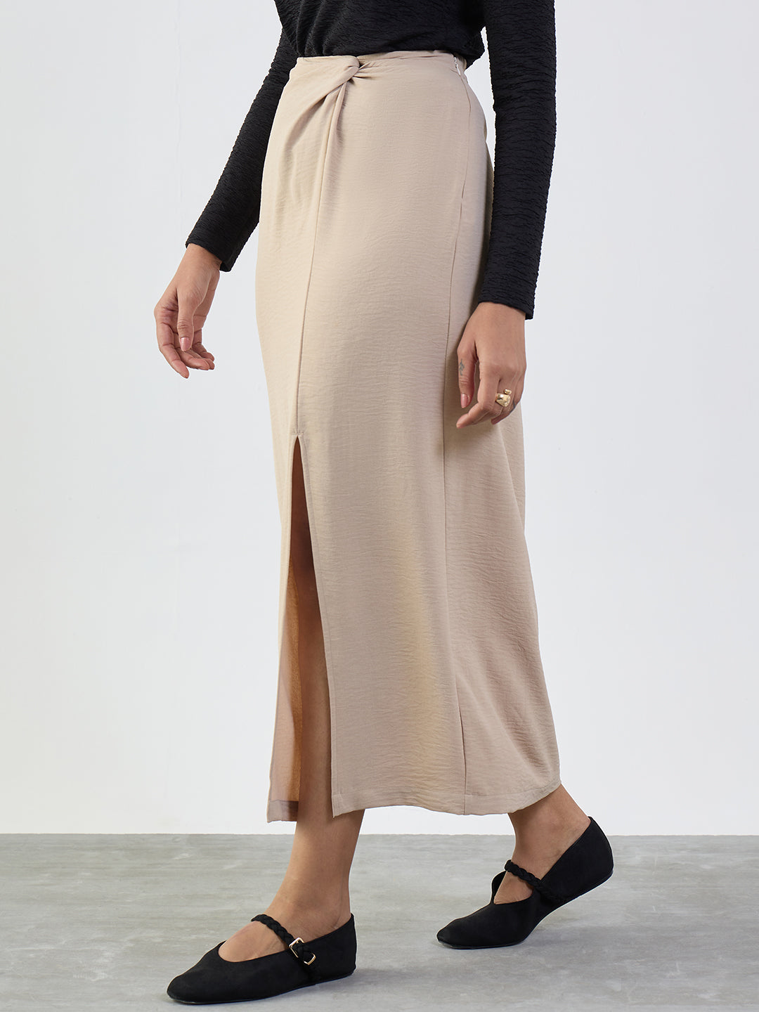 Beige Front Twist Detail Maxi Skirt