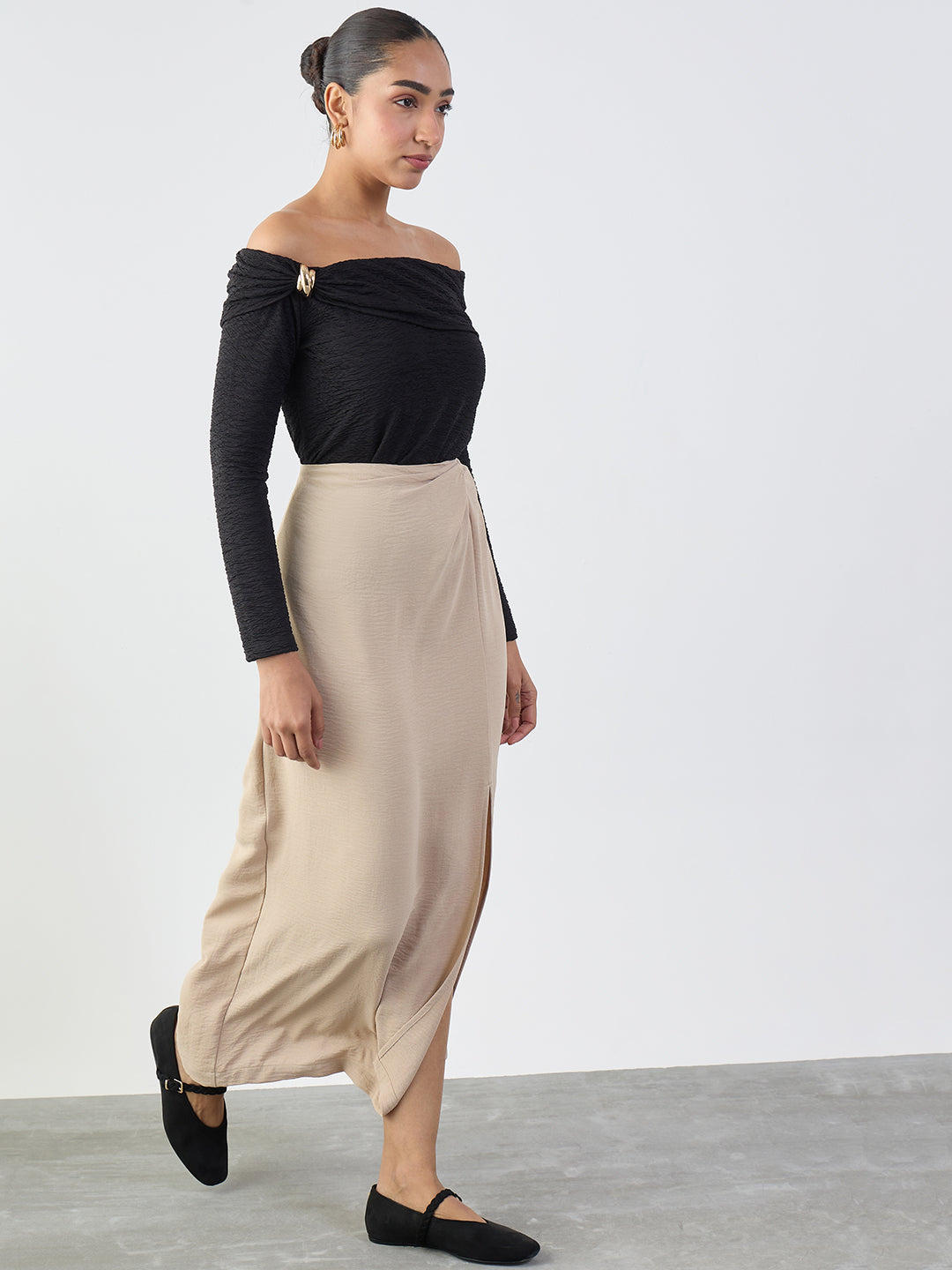Beige Front Twist Detail Maxi Skirt