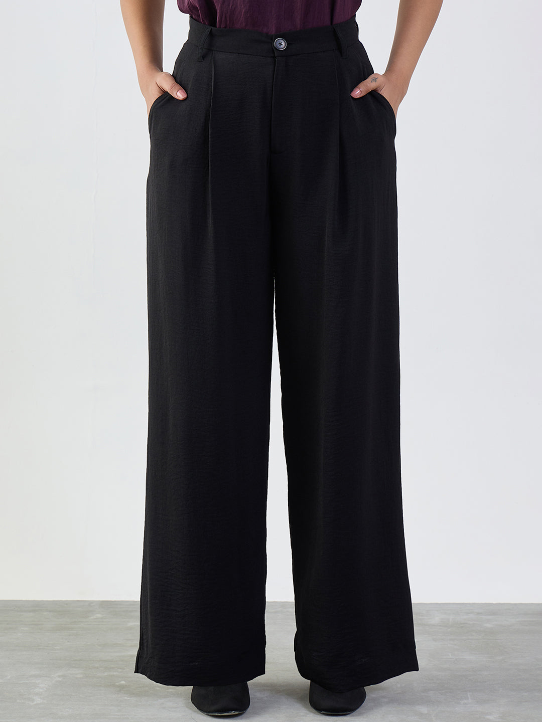 Black Darted Wide Leg Trousers