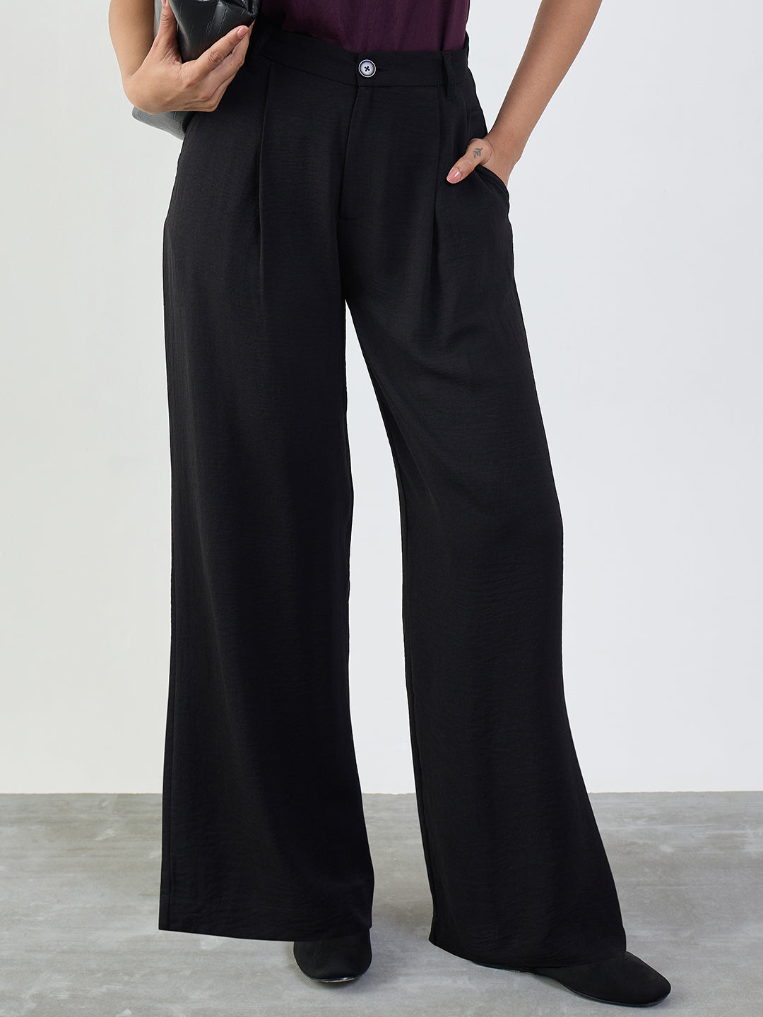 Black Darted Wide Leg Trousers