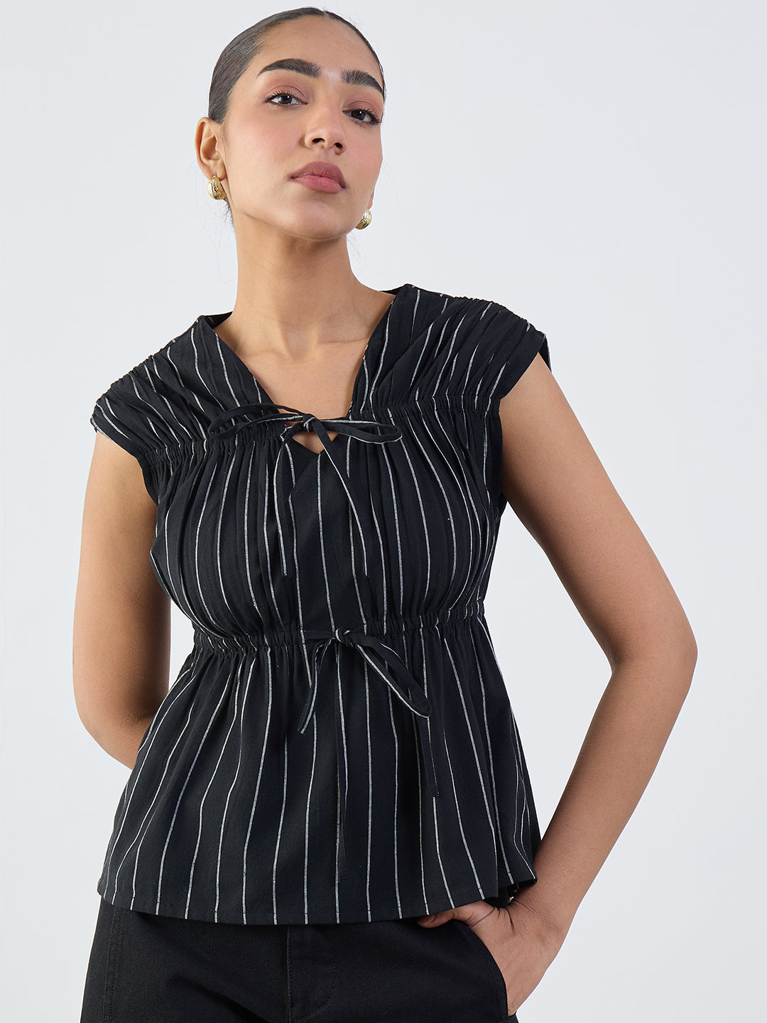 Black Stripe Tie-Up Top