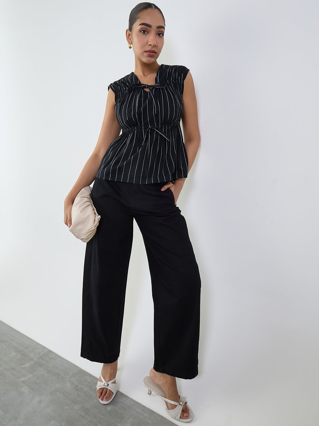 Black Stripe Tie-Up Top