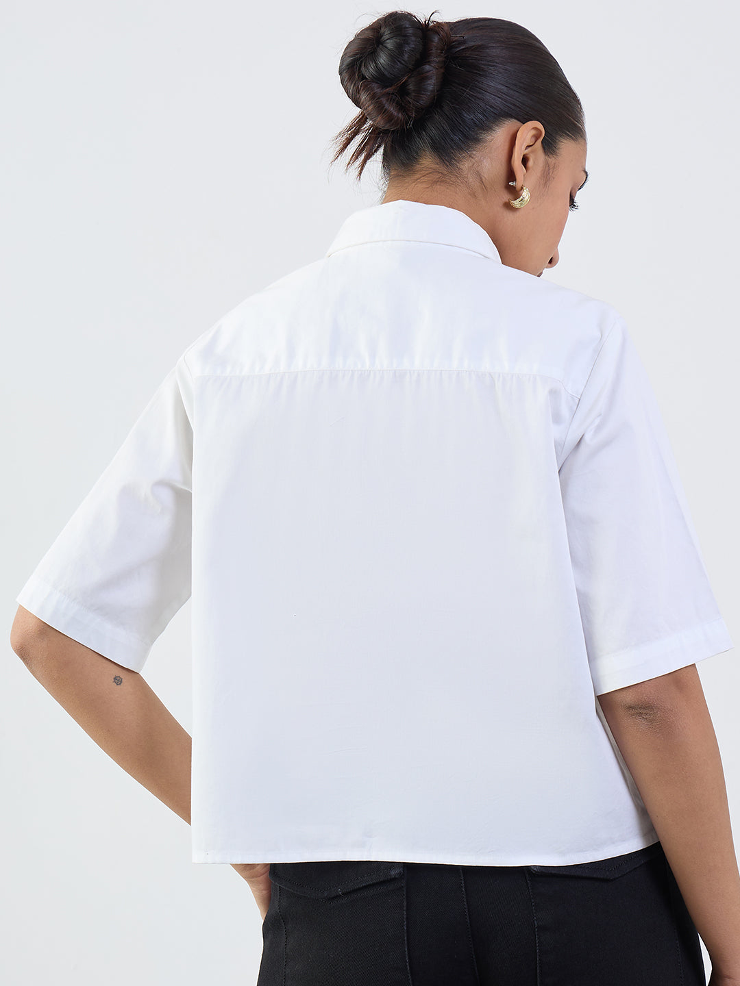 White Cotton Pleated Crop Shirt