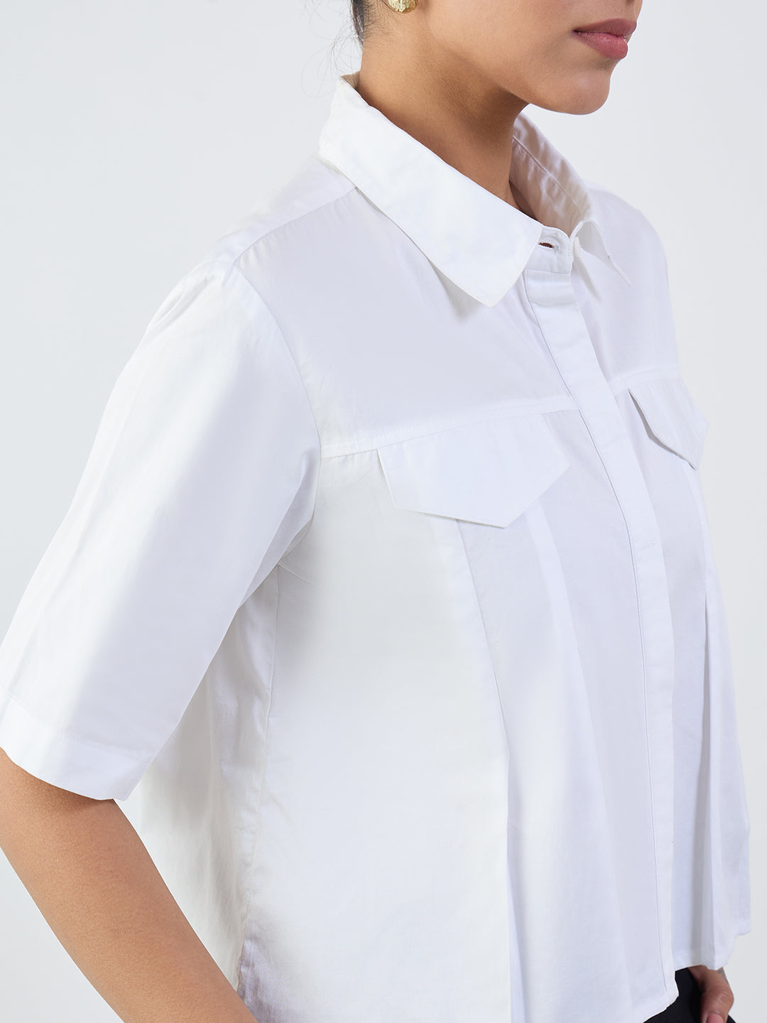 White Cotton Pleated Crop Shirt