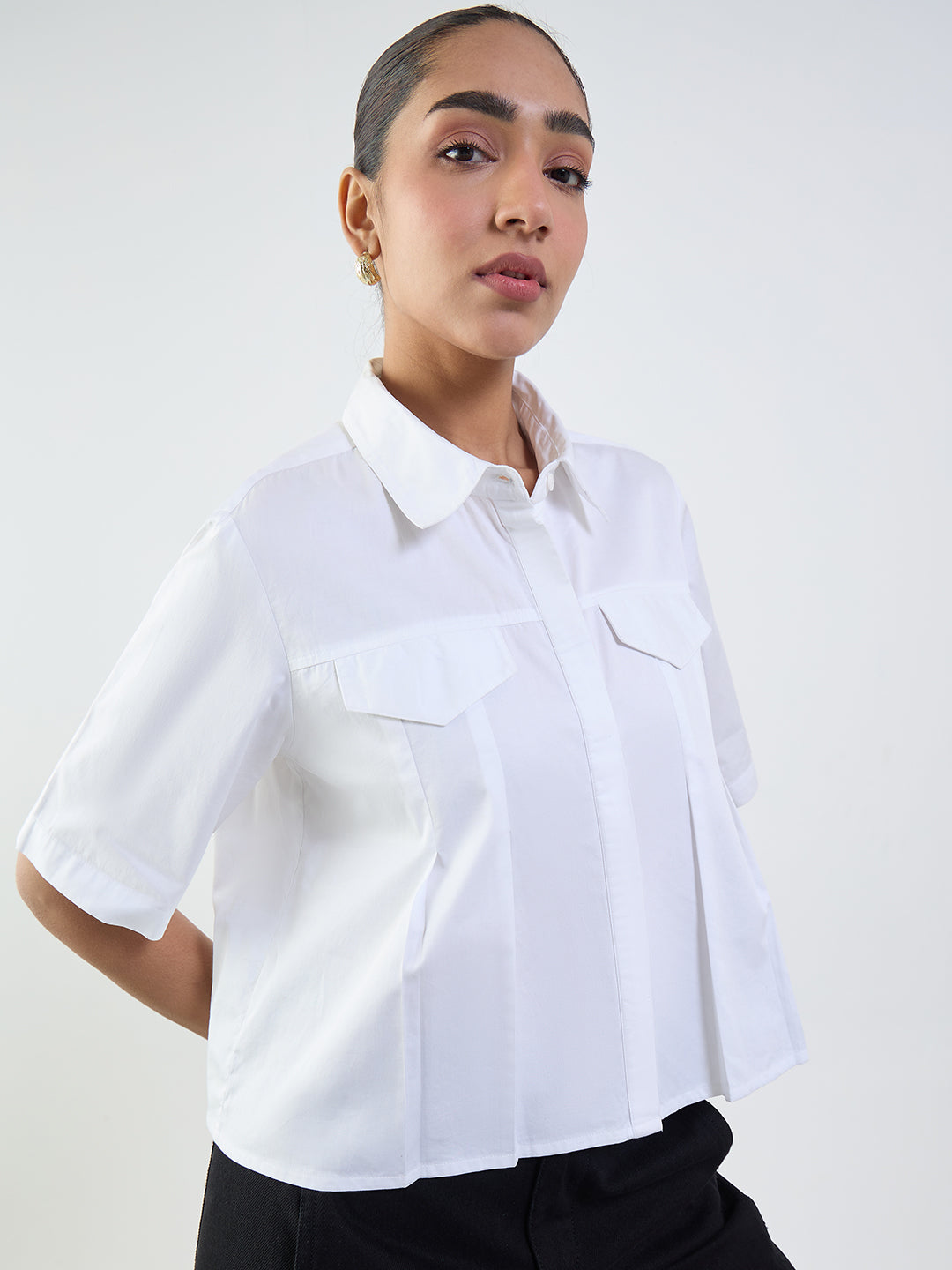 White Cotton Pleated Crop Shirt