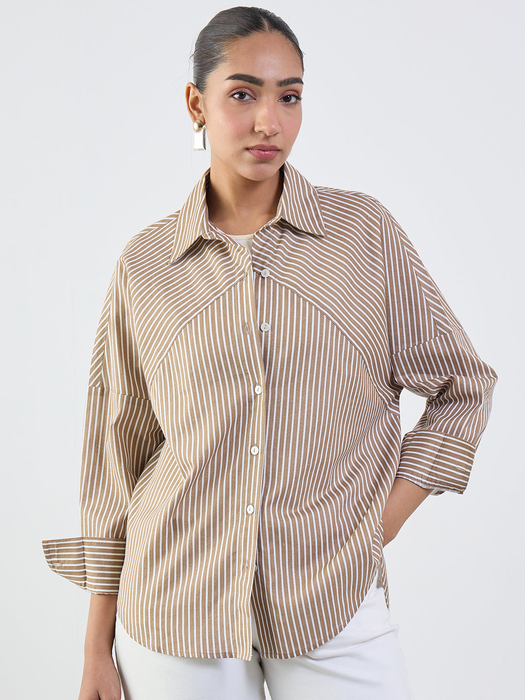 Brown Stripe Cotton Linen Oversized Shirt