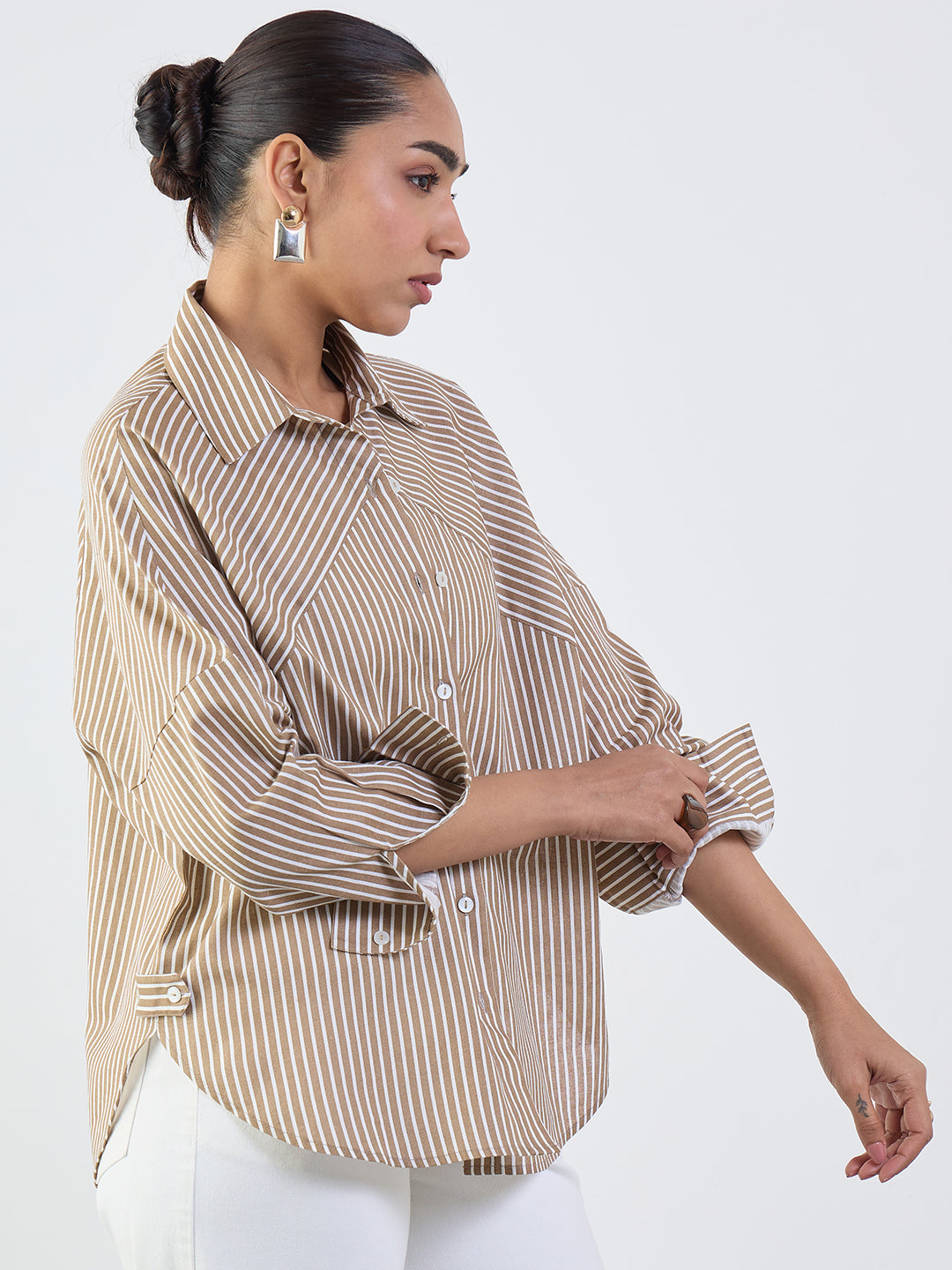 Brown Stripe Cotton Linen Oversized Shirt