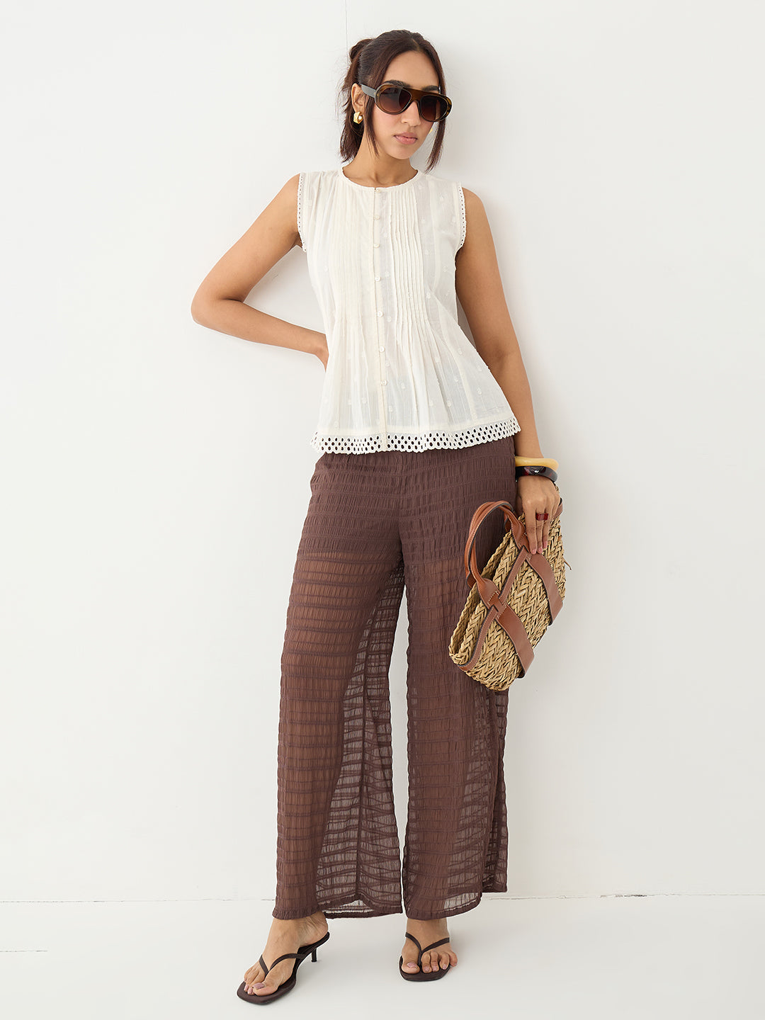 Off-White Pleated Peplum Dobby Top