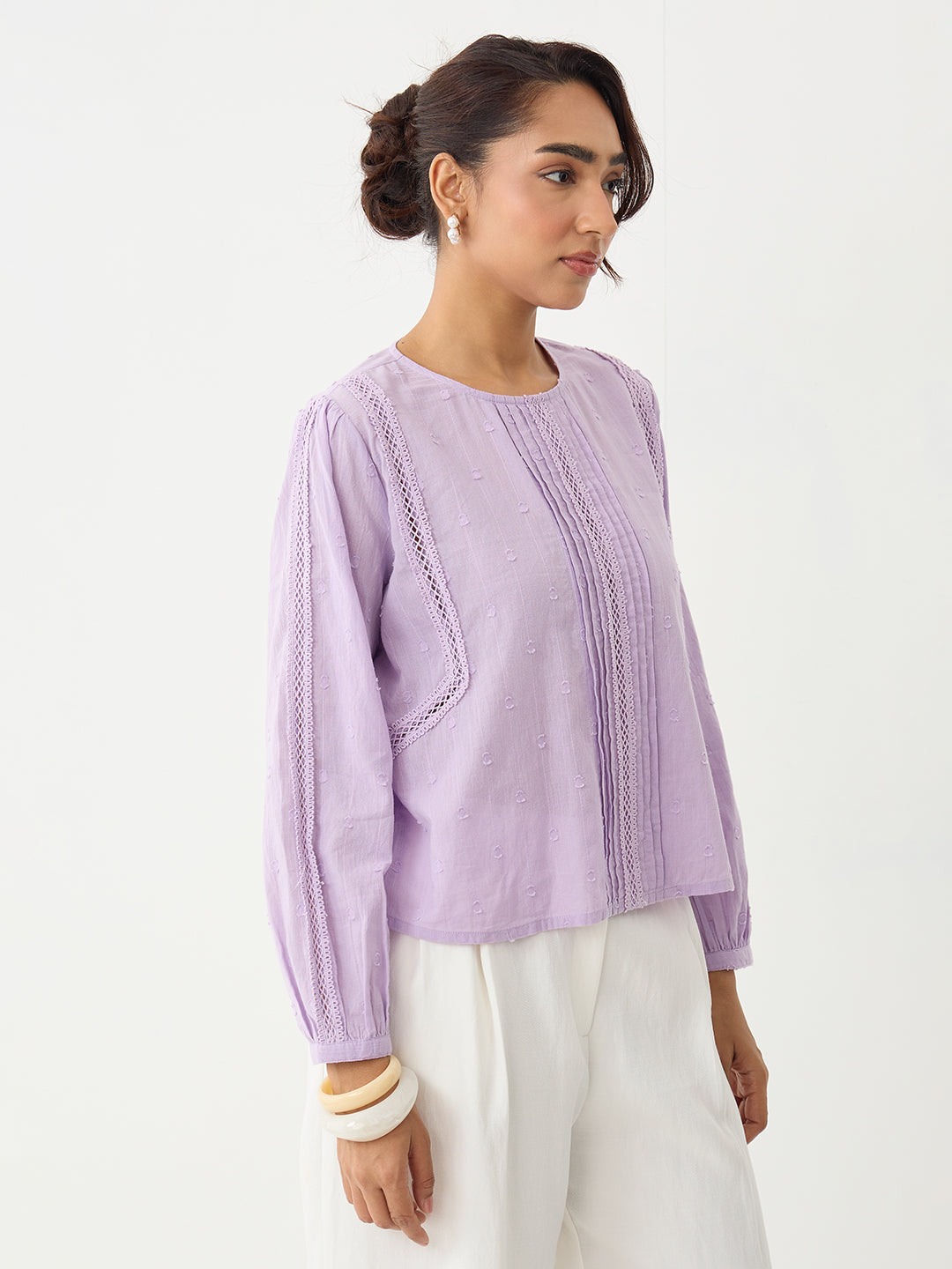 Sage Lace Insert Pleated Front Top