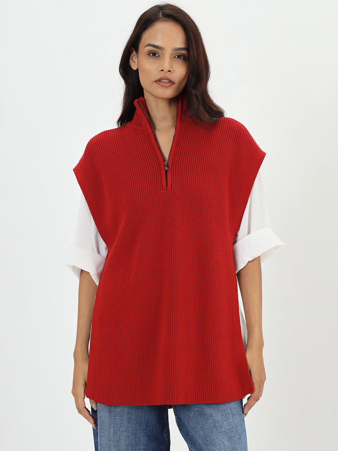 Deep Red Half Zipper Sweater Vest