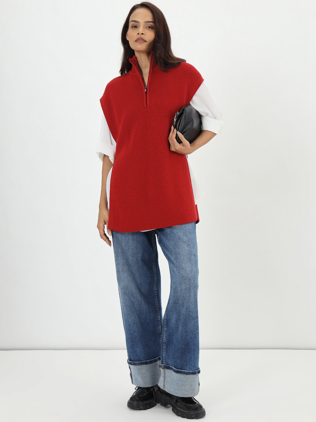 Deep Red Half Zipper Sweater Vest