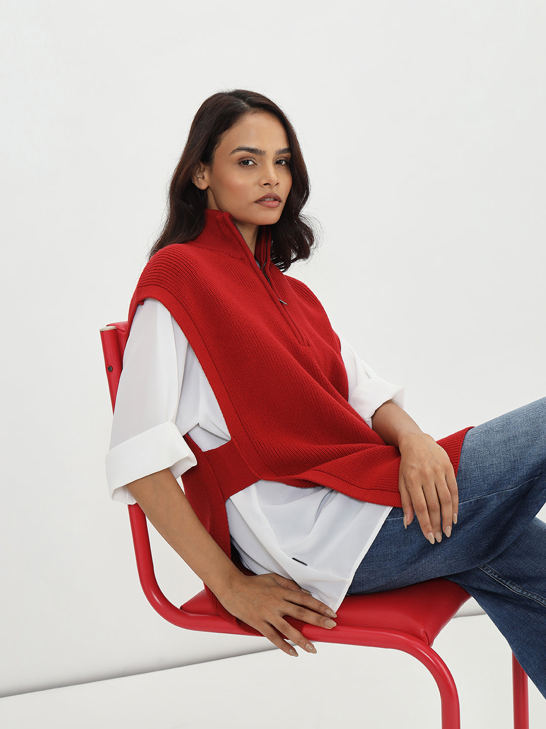 Deep Red Half Zipper Sweater Vest