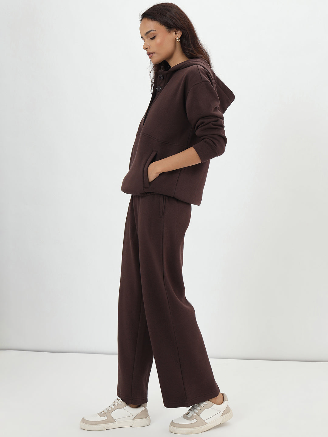 Coffee Brown Button Down Fleece Hoodie