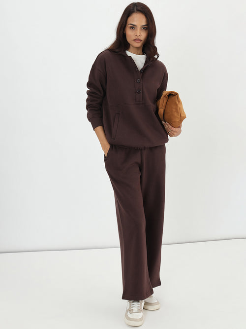 Coffee Brown Button Down Fleece Hoodie