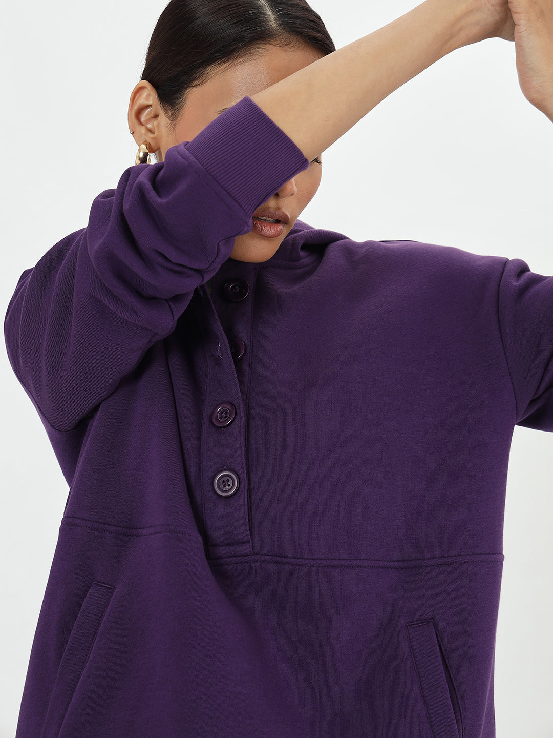 Deep Purple Button Down Fleece Hoodie
