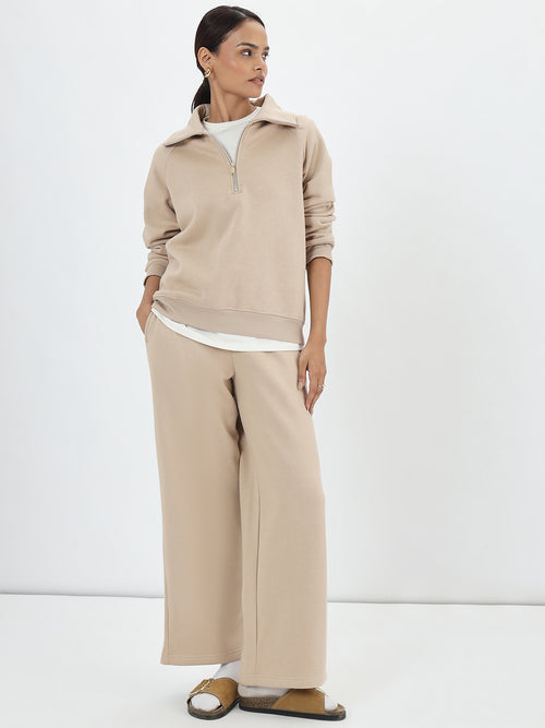 Beige Half Zipper Fleece Sweatshirt