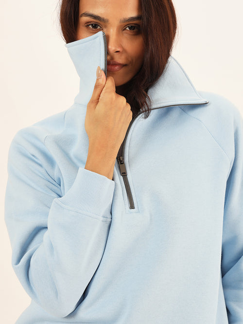 Powder Blue Half Zipper Fleece Sweatshirt