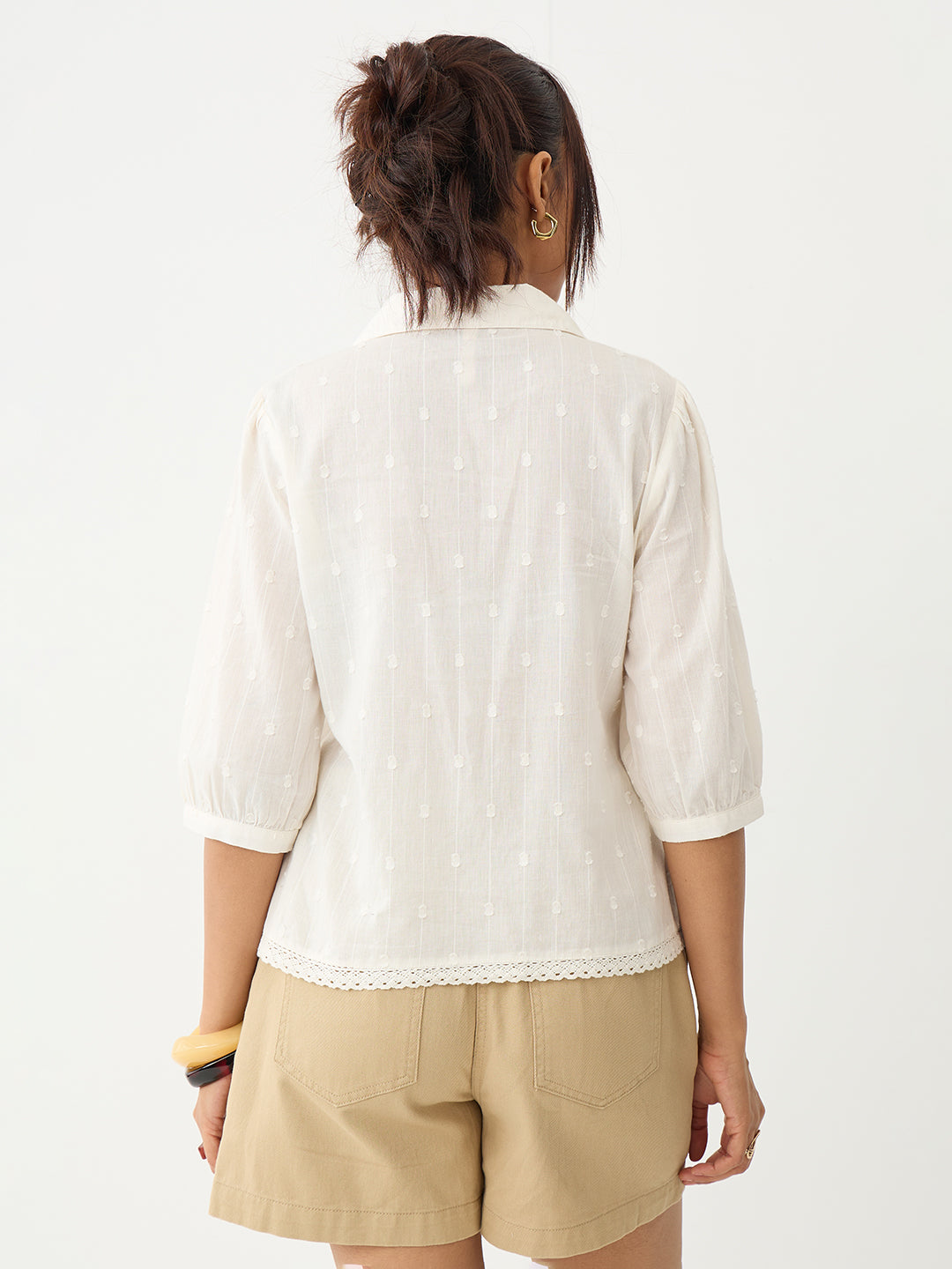 Off-White Lace Insert Cotton Dobby Top